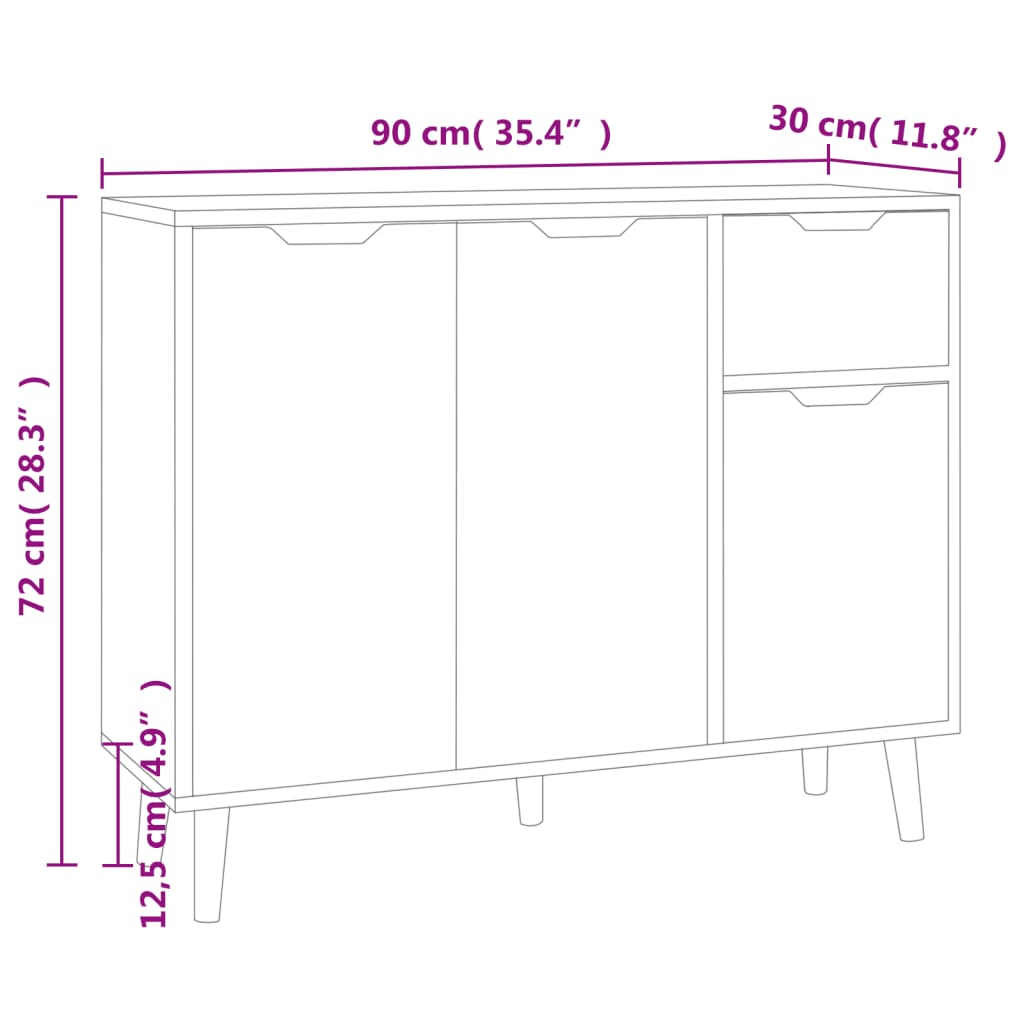 Skjenk høyglans hvit 90x30x72 cm konstruert tre