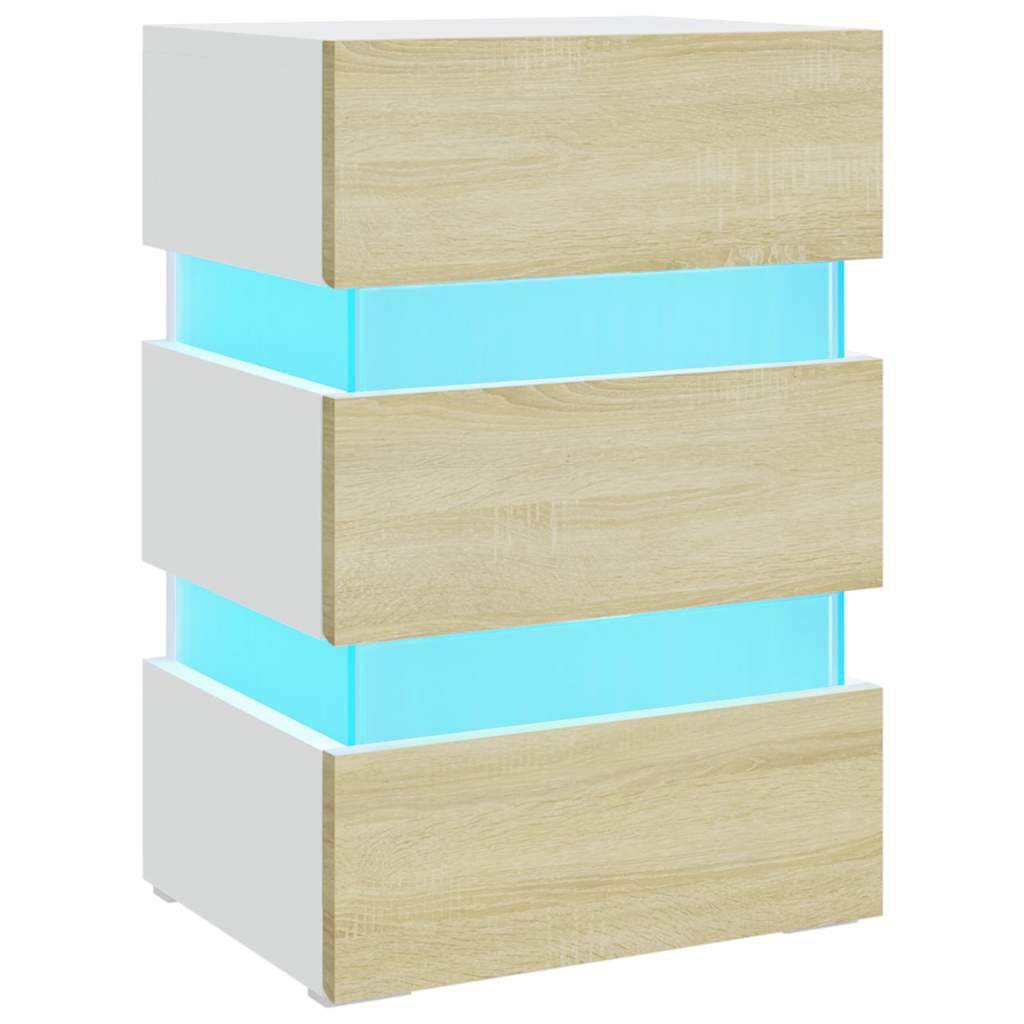 LED-nattbord hvit og sonoma eik 45x35x67 cm konstruert tre