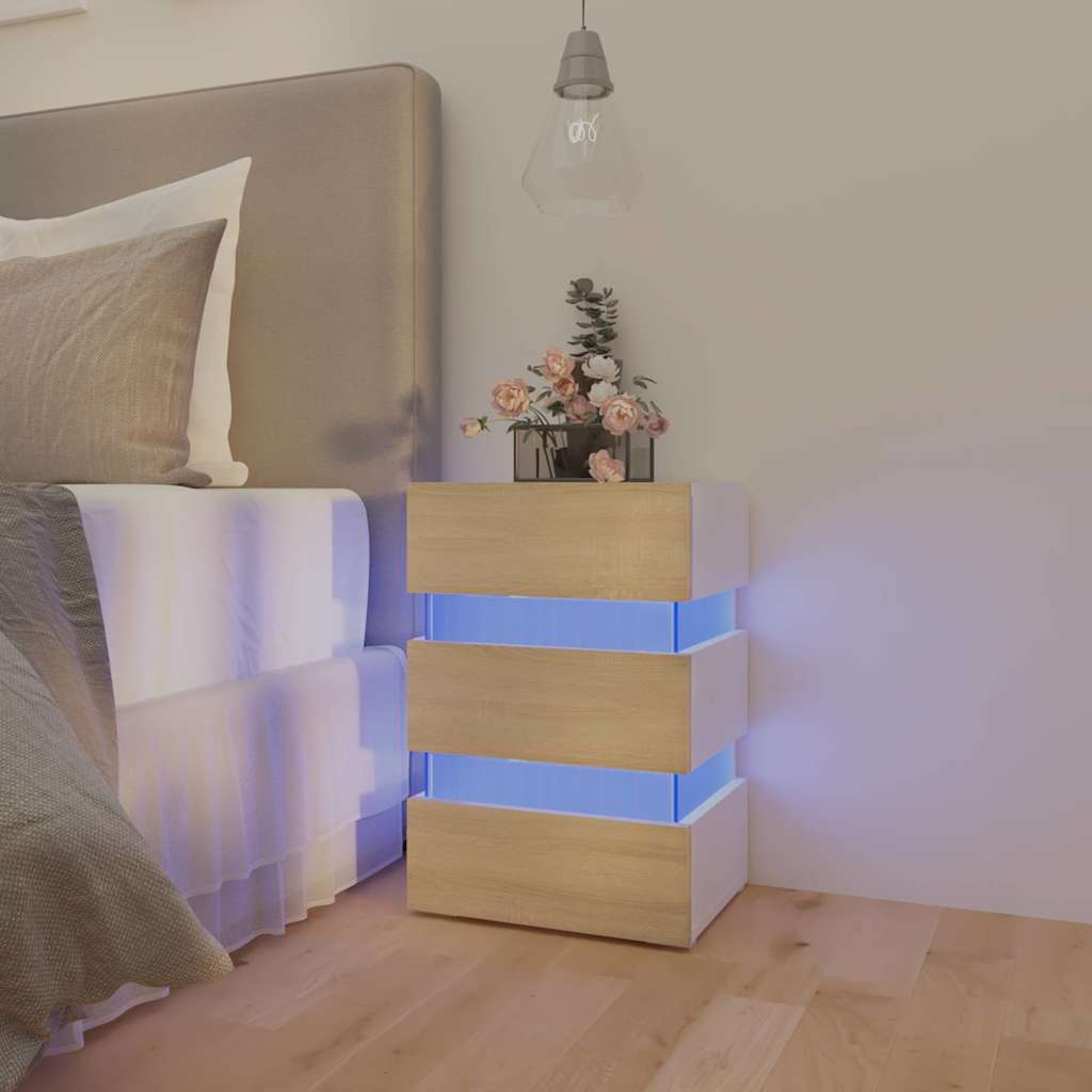 LED-nattbord hvit og sonoma eik 45x35x67 cm konstruert tre
