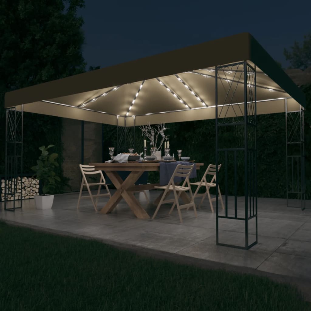 Paviljong med LED-lysslynge 3x4 m gråbrun stoff