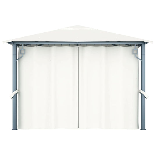 Paviljong med gardin og LED-strenglys 3x3 m kremhvit aluminium
