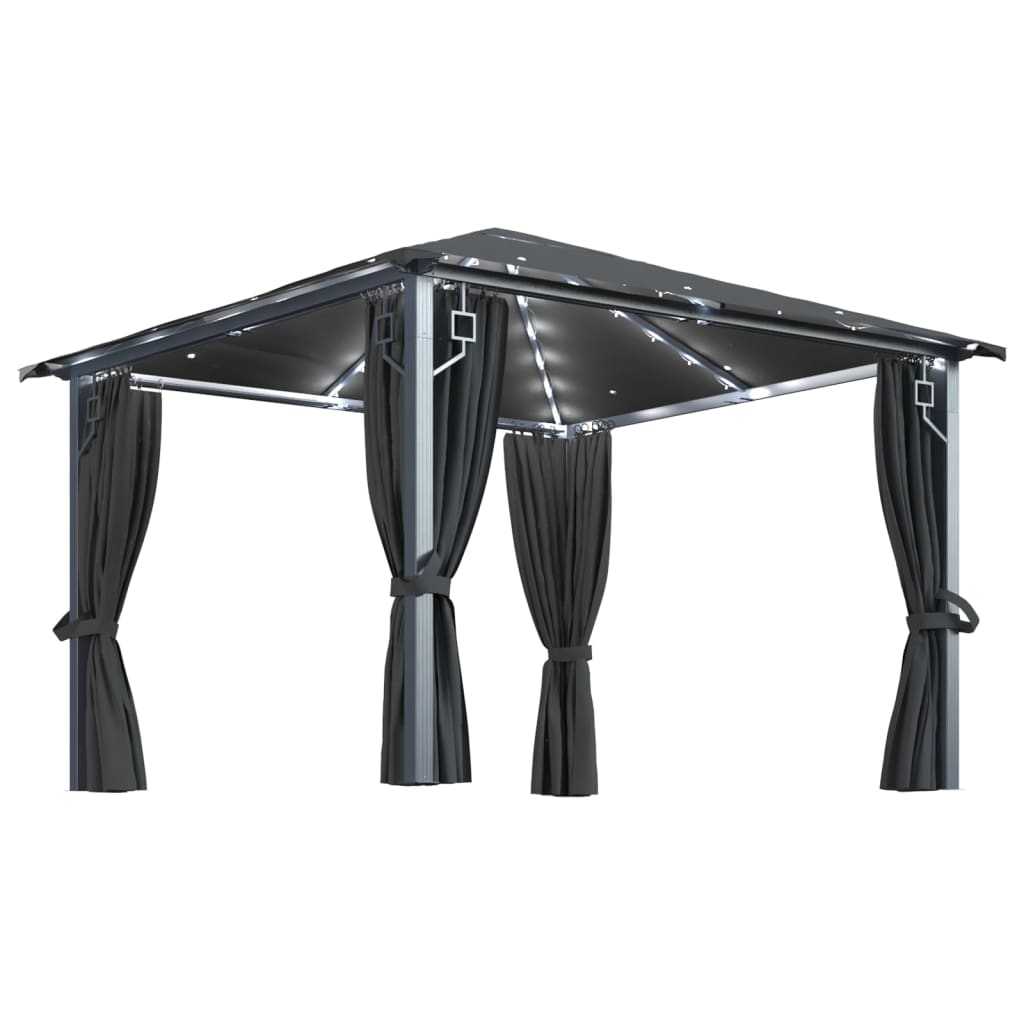 Paviljong med gardin og LED-strenglys 3x3 m antrasitt aluminium