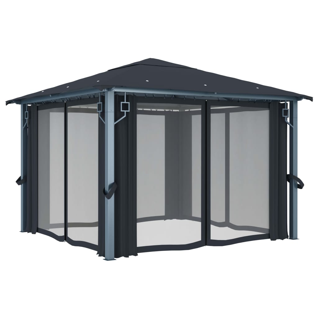 Paviljong med gardin og LED-strenglys 3x3 m antrasitt aluminium