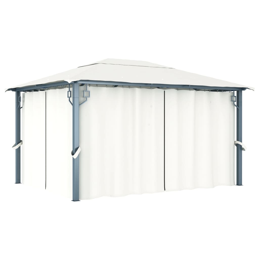 Paviljong med gardin og LED-strenglys 4x3 m krem aluminium