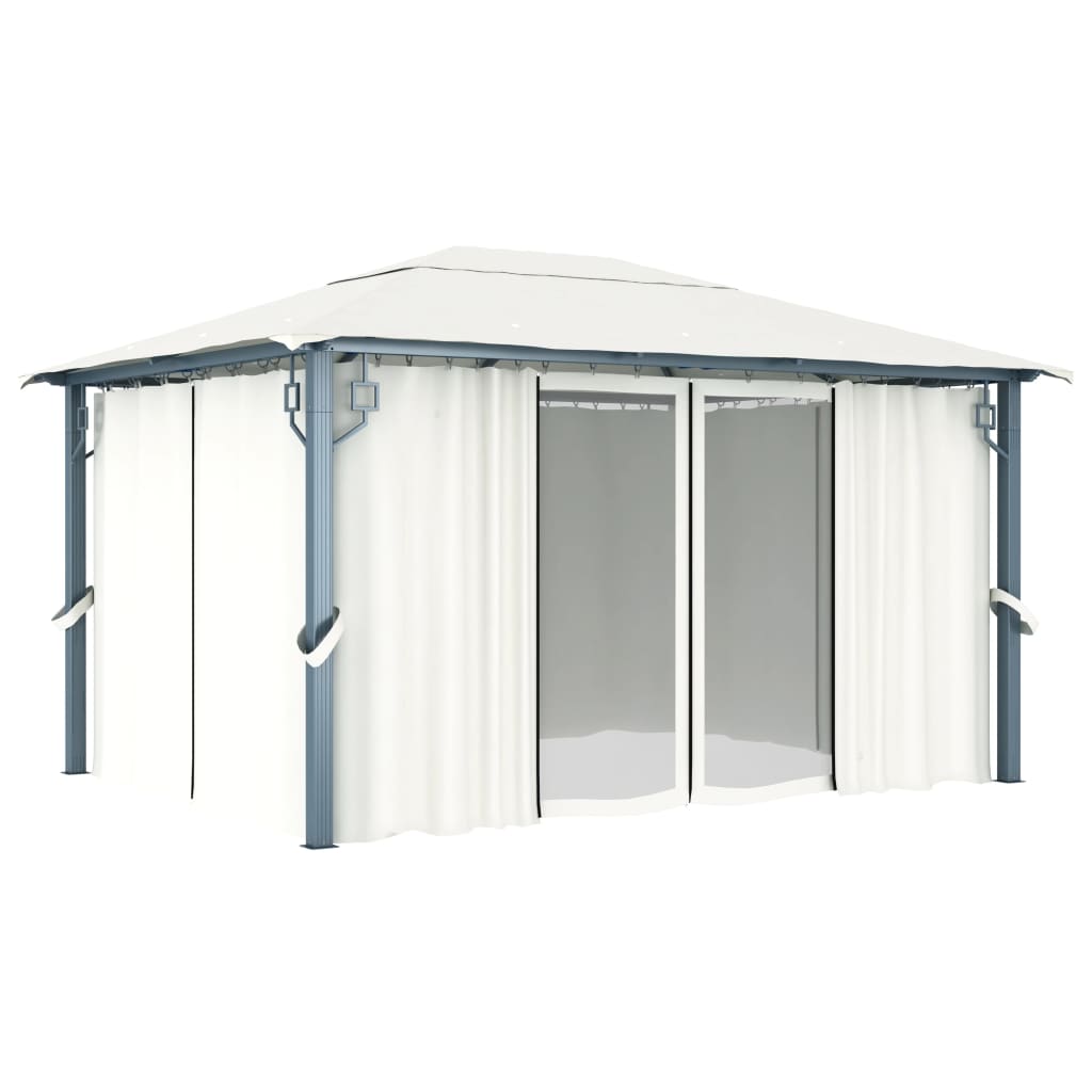 Paviljong med gardin og LED-strenglys 4x3 m krem aluminium