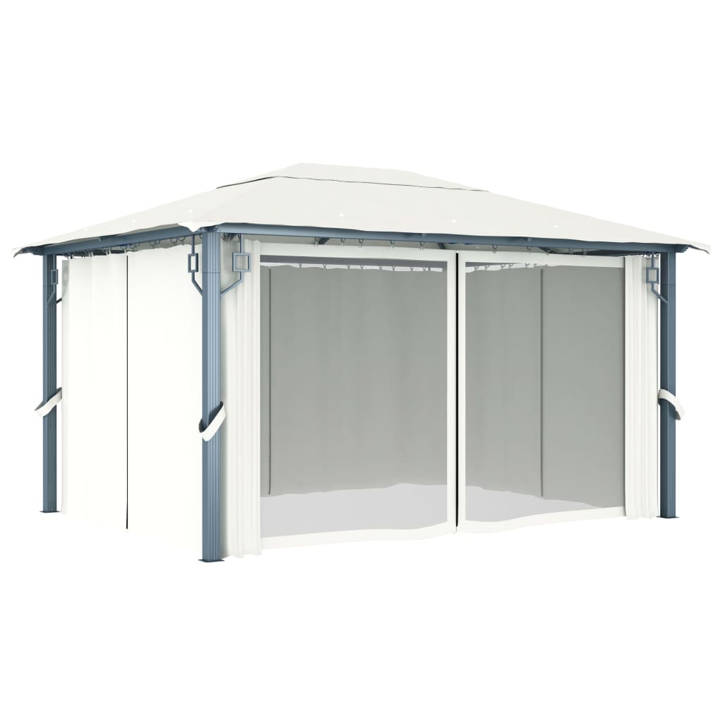 Paviljong med gardin og LED-strenglys 4x3 m krem aluminium