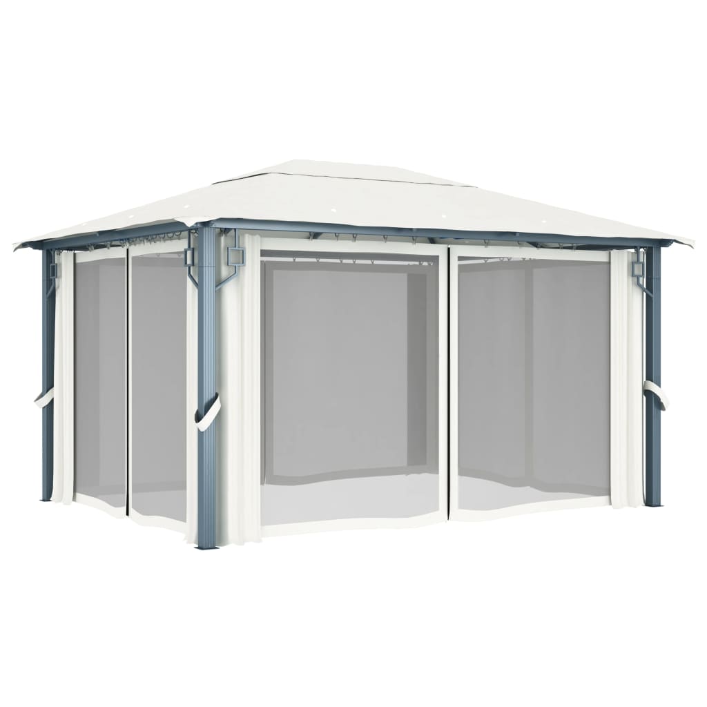 Paviljong med gardin og LED-strenglys 4x3 m krem aluminium