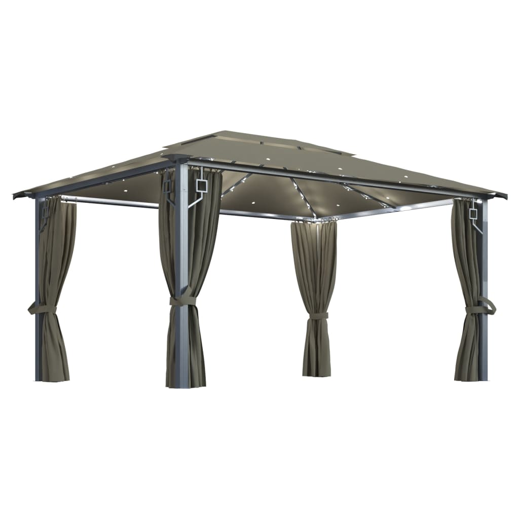 Paviljong med gardin og LED-strenglys 4x3 m gråbrun aluminium