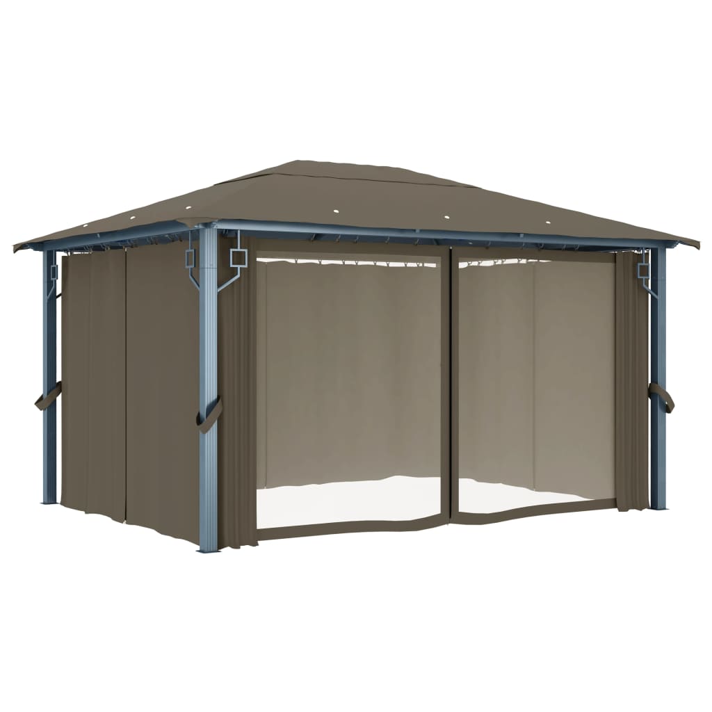 Paviljong med gardin og LED-strenglys 4x3 m gråbrun aluminium