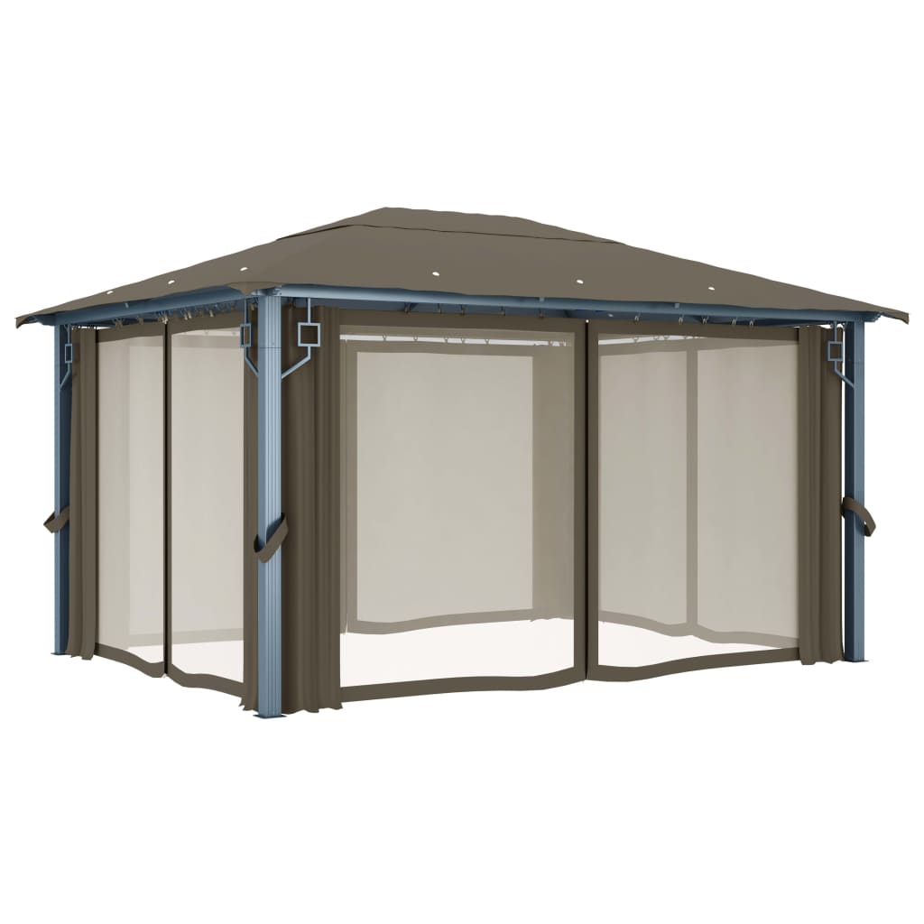 Paviljong med gardin og LED-strenglys 4x3 m gråbrun aluminium