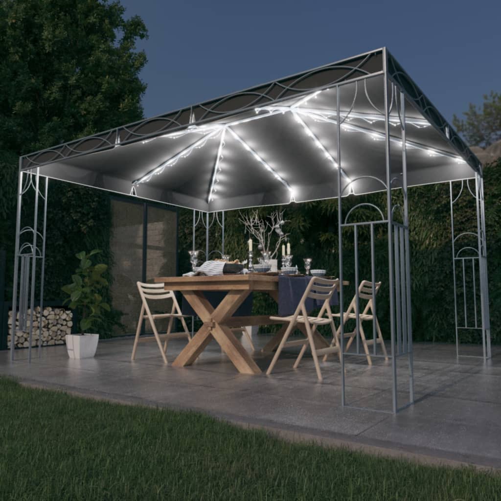 Paviljong med gardin og LED-strenglys 400x300 cm antrasitt