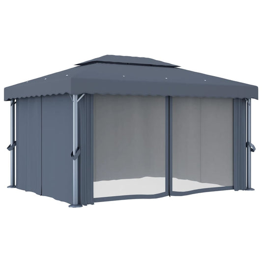 Paviljong med gardin og LED-strenglys 4x3 m antrasitt