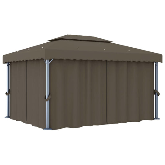 Paviljong med gardin og LED-strenglys 4x3 m gråbrun