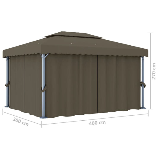 Paviljong med gardin og LED-strenglys 4x3 m gråbrun