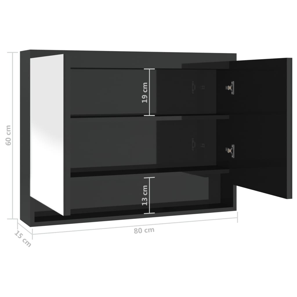 Speilskap til bad 80x15x60 cm MDF skinnende svart