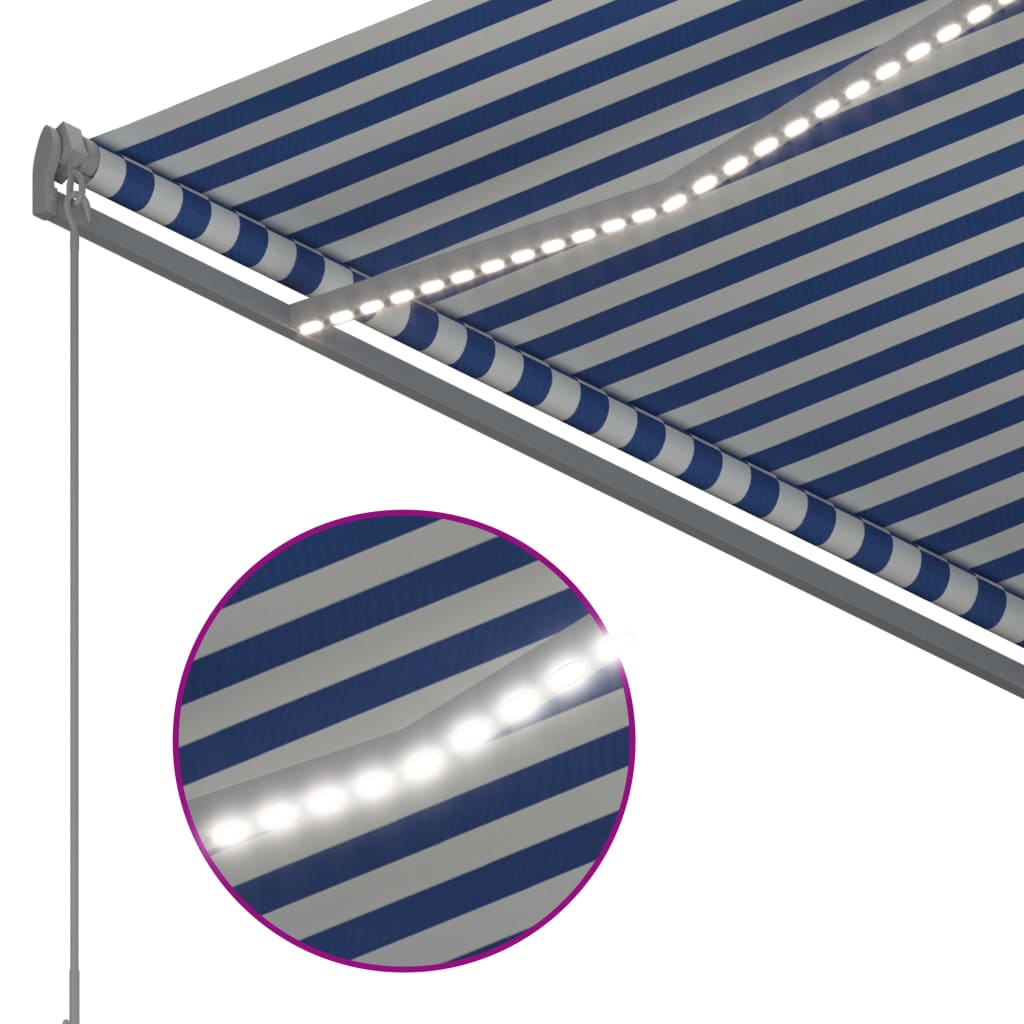 Manuell uttrekkbar markise med LED 300x250 cm blå og hvit