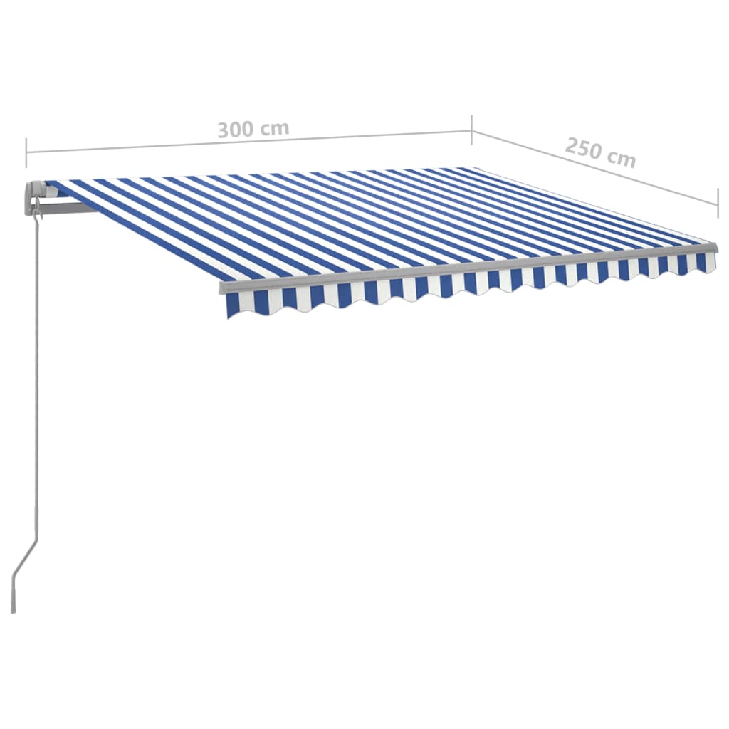 Manuell uttrekkbar markise med LED 300x250 cm blå og hvit