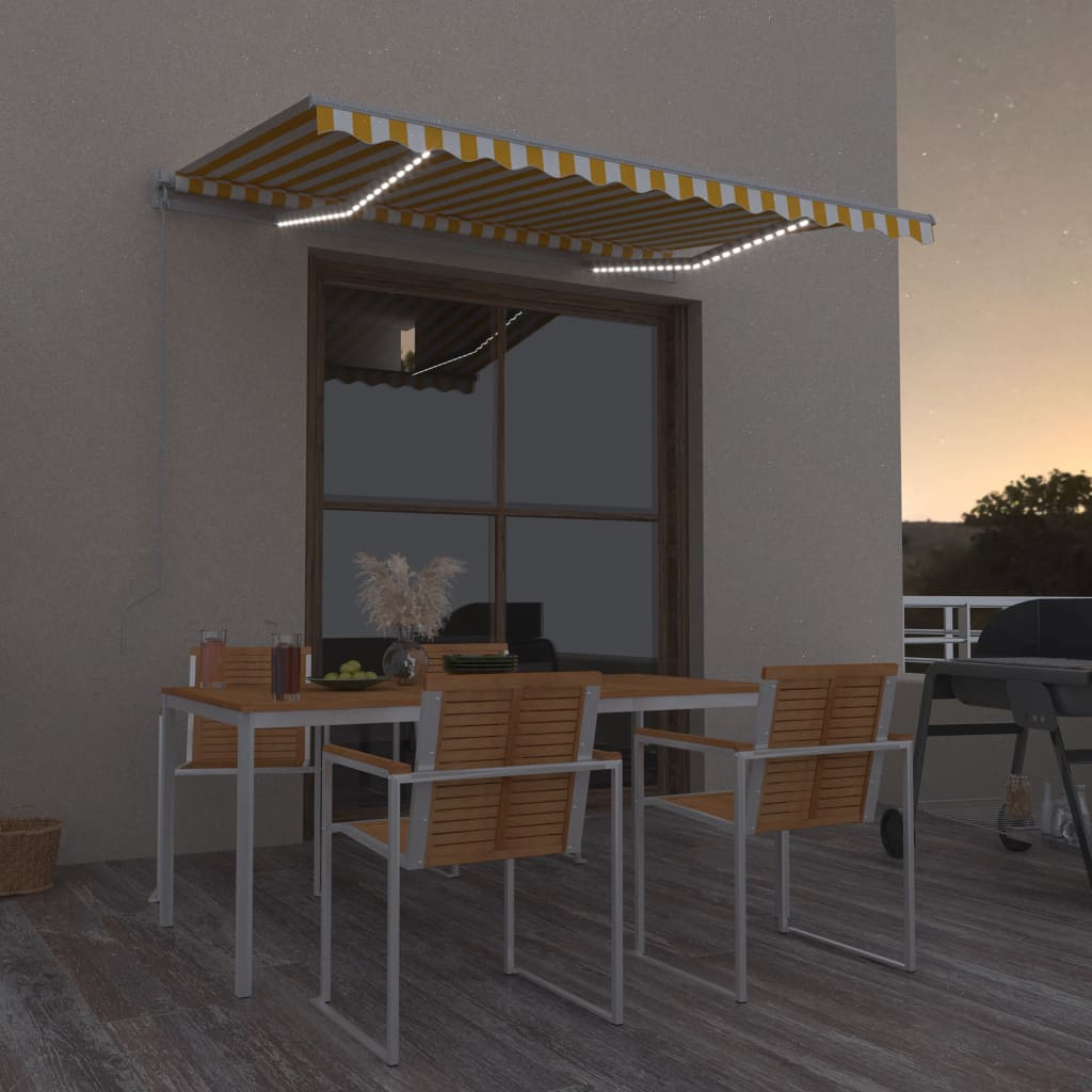 Manuell uttrekkbar markise med LED 300x250 cm gul og hvit
