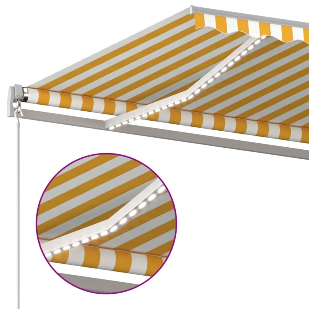 Manuell uttrekkbar markise med LED 450x300 cm gul og hvit