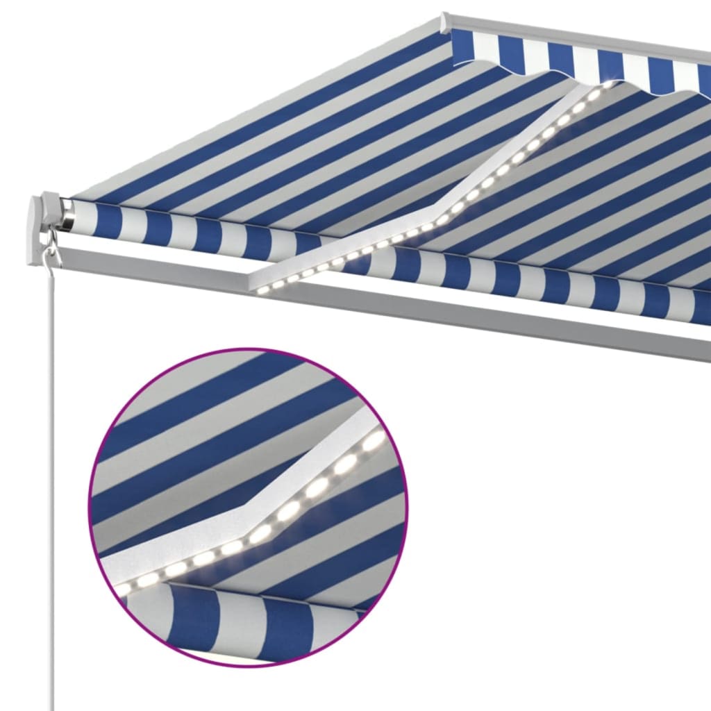 Manuell uttrekkbar markise med LED 400x350 cm blå og hvit