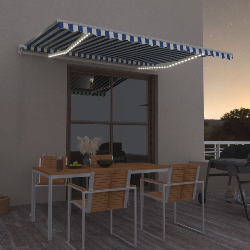 Manuell uttrekkbar markise med LED 400x350 cm blå og hvit