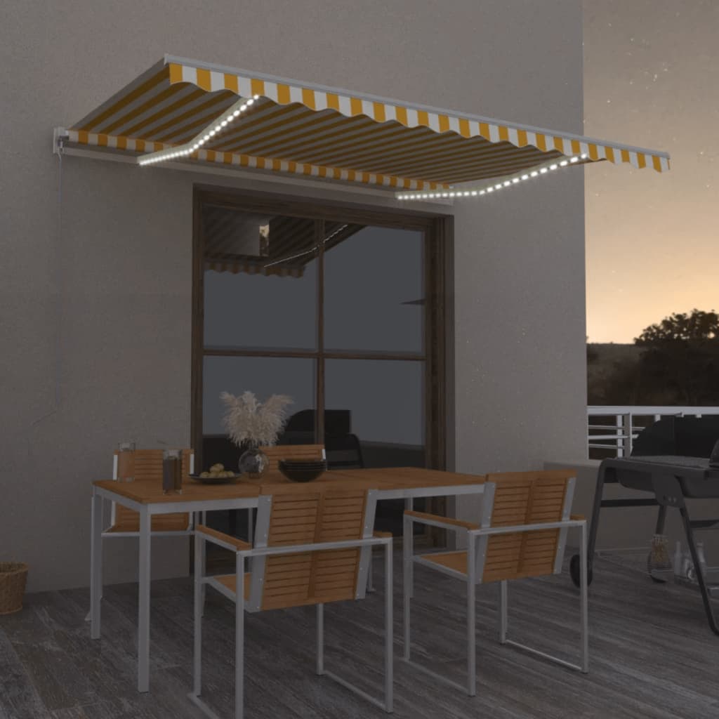 Manuell uttrekkbar markise med LED 450x350 cm gul og hvit vidaXL
