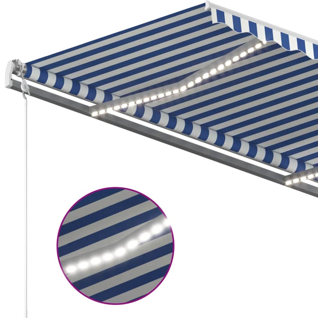 Automatisk markise med vindsensor og LED 450x350 cm blå og hvit vidaXL