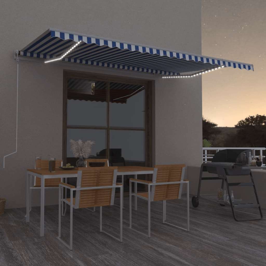 Automatisk markise med vindsensor og LED 500x350 cm blå og hvit vidaXL