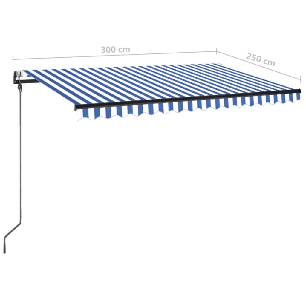 Automatisk markise med LED og vindsensor 300x250 cm blå og hvit vidaXL
