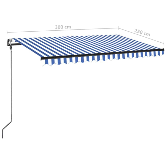 Automatisk markise med LED og vindsensor 300x250 cm blå og hvit vidaXL