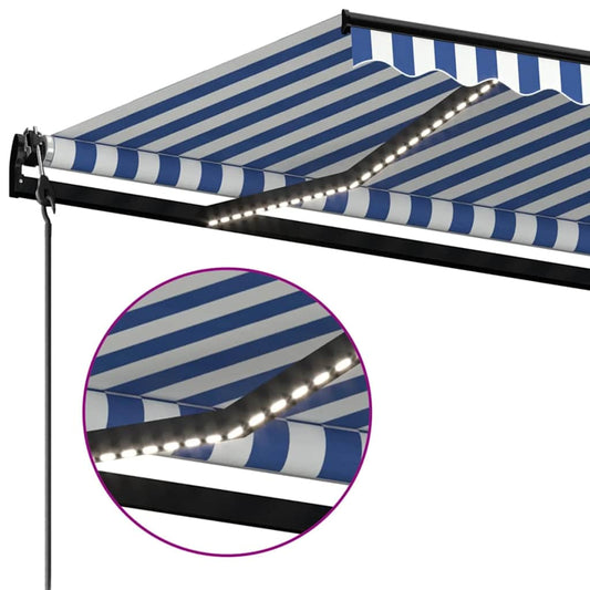 Automatisk markise med LED og vindsensor 350x250 cm blå og hvit vidaXL