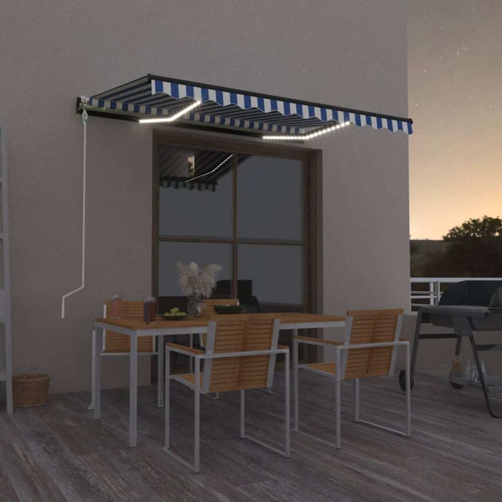 Automatisk markise med LED og vindsensor 350x250 cm blå og hvit vidaXL