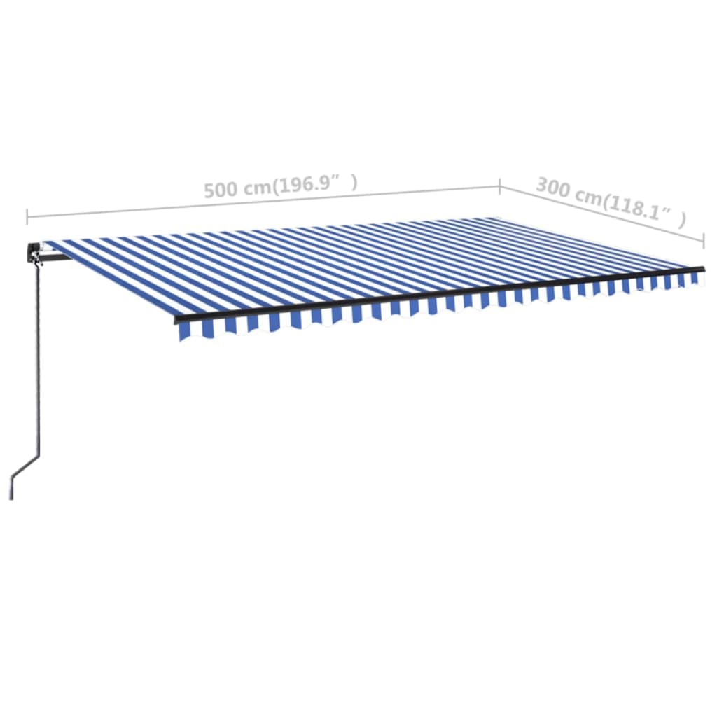 Manuell uttrekkbar markise med LED 500x300 cm blå og hvit