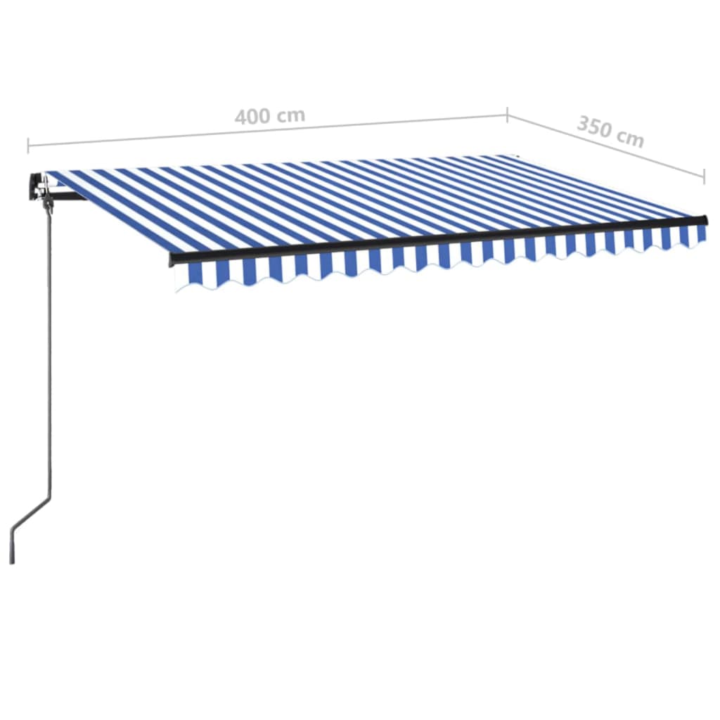 Manuell uttrekkbar markise med LED 400x350 cm blå og hvit