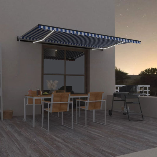 Automatisk markise med vindsensor og LED 500x350 cm blå og hvit vidaXL