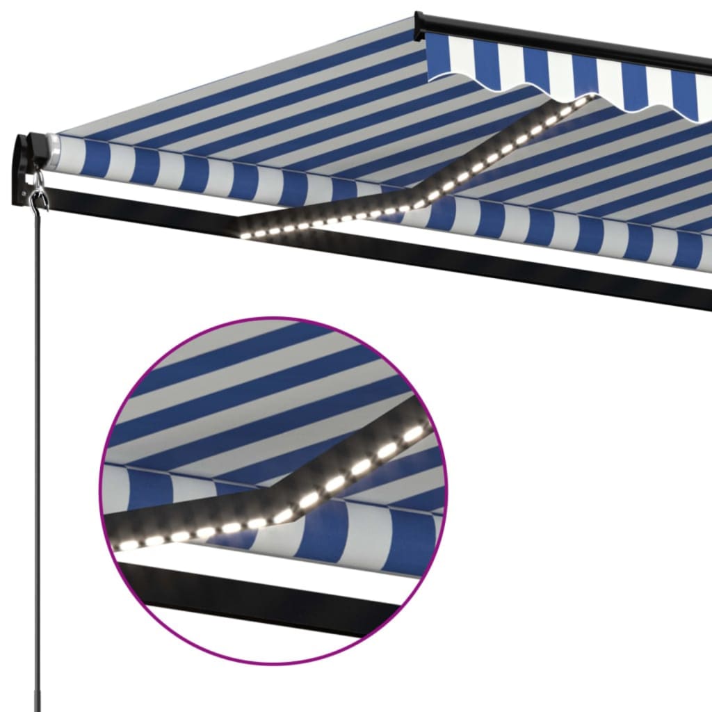 Manuell uttrekkbar markise med LED 600x350 cm blå og hvit vidaXL