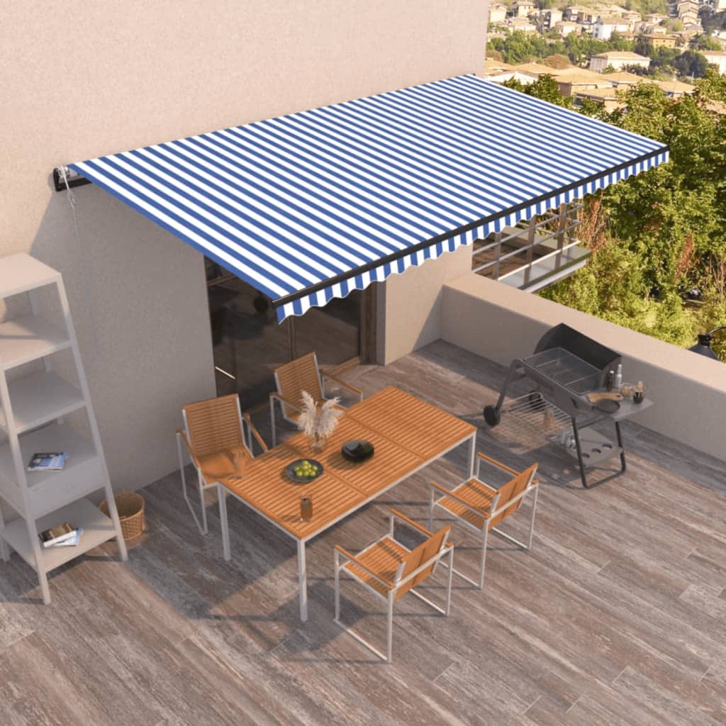 Automatisk uttrekkbar markise 600x350 cm blå og hvit vidaXL