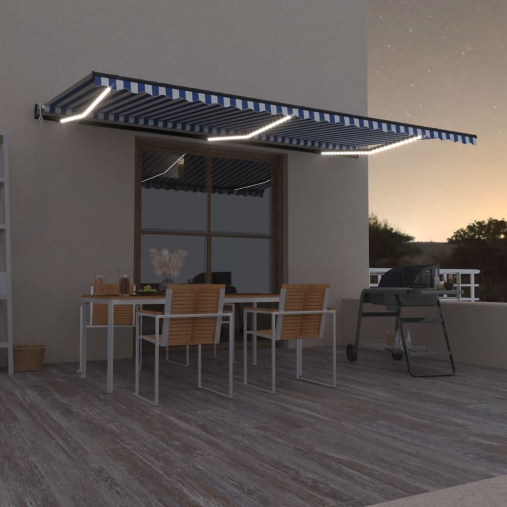 Automatisk markise med vindsensor og LED 600x350 cm blå og hvit vidaXL