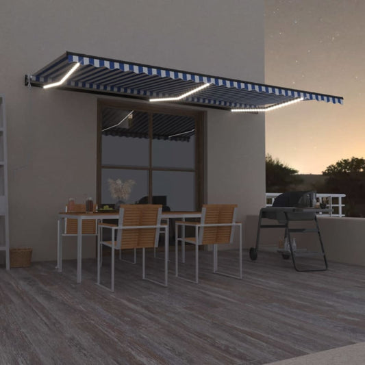 Automatisk markise med vindsensor og LED 600x350 cm blå og hvit vidaXL