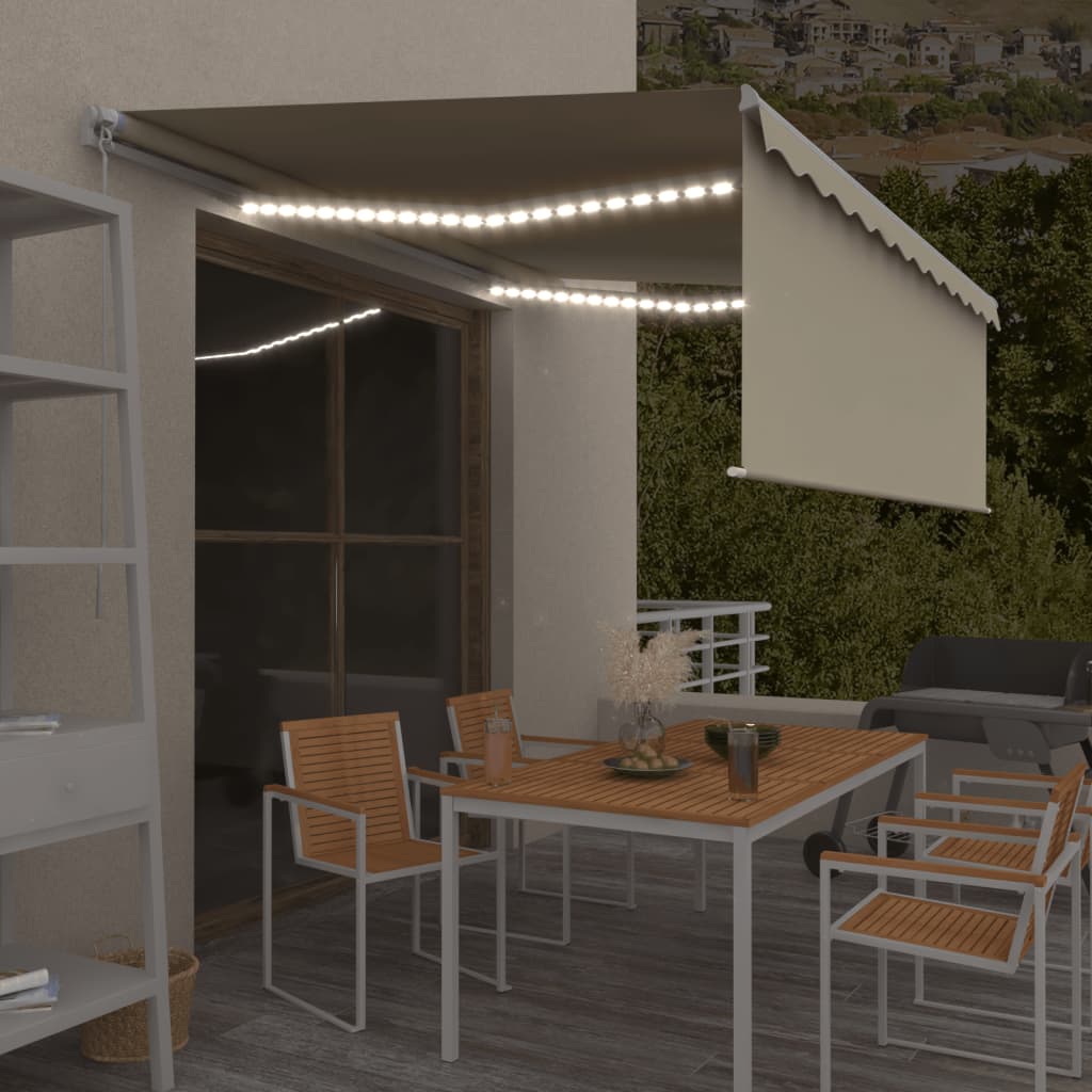 Manuell uttrekkbar markise rullegardin og LED 4x3 m kremhvit