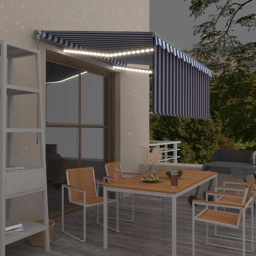 Manuell markise med rullegardin og LED 3x2,5 m blå og hvit vidaXL