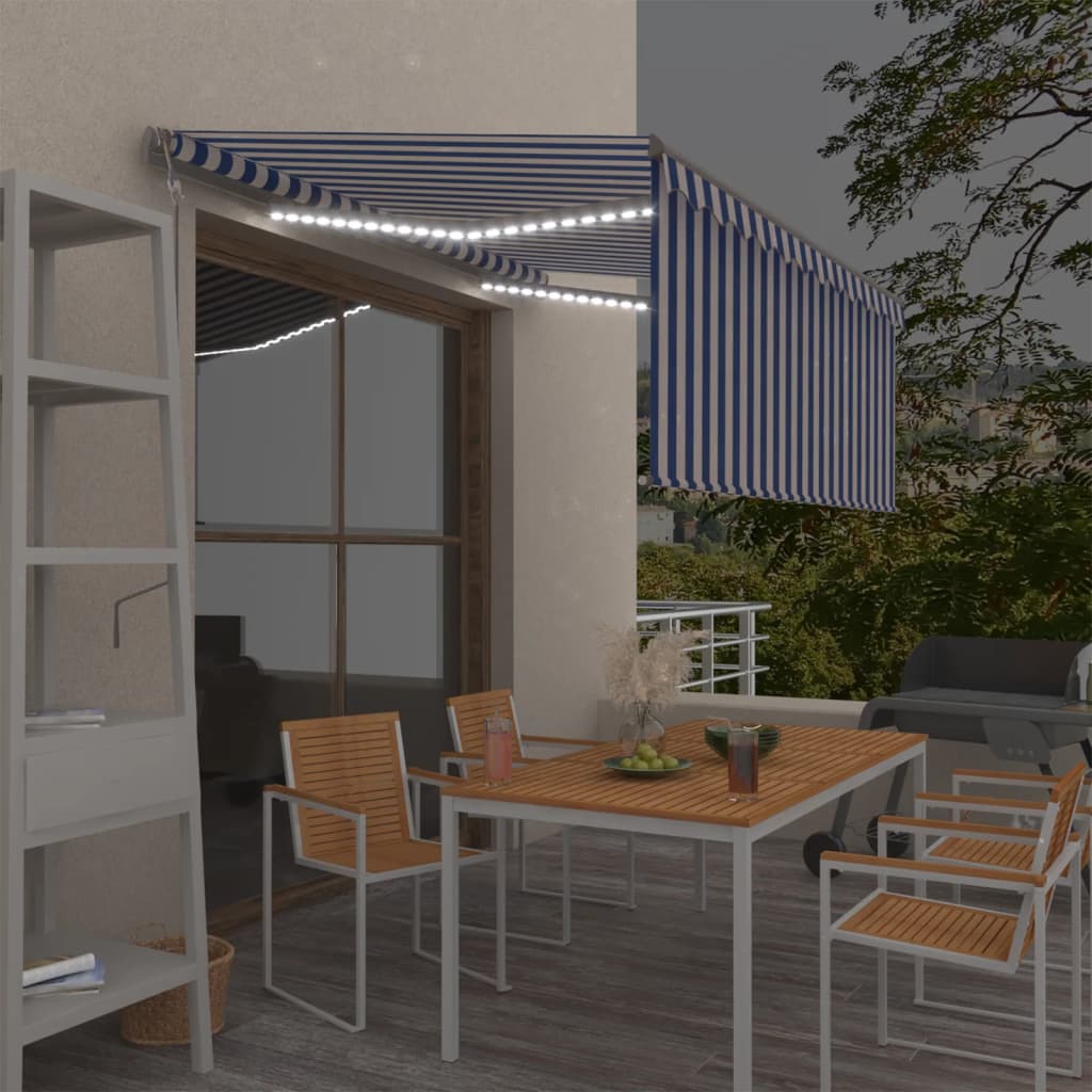 Automatisk markise rullegardin LED vindsensor 3,5x2,5m blå hvit vidaXL