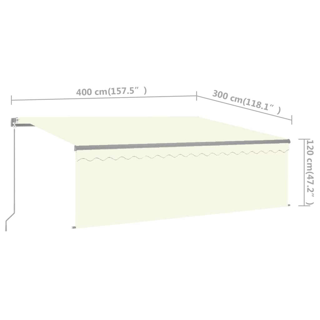 Manuell uttrekkbar markise rullegardin og LED 4x3 m kremhvit