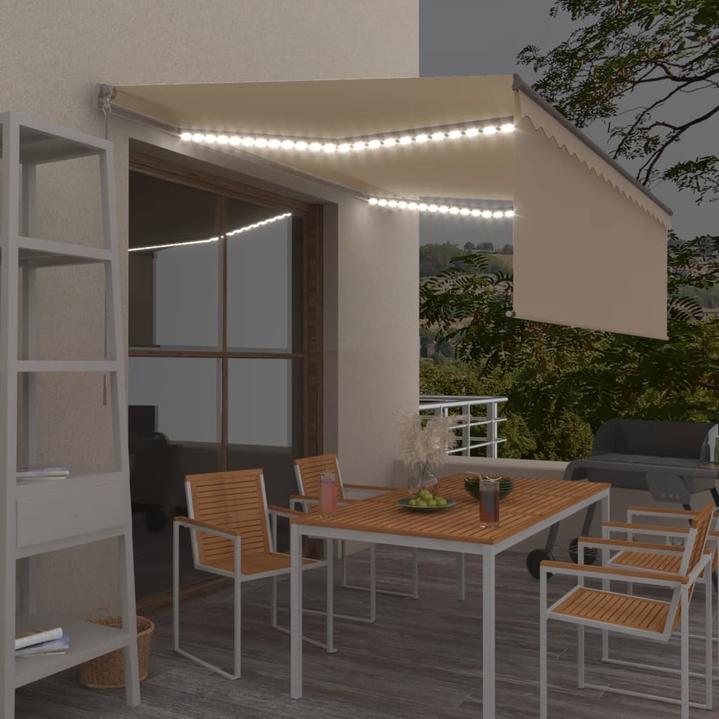 Manuell uttrekkbar markise rullegardin og LED 4x3 m kremhvit