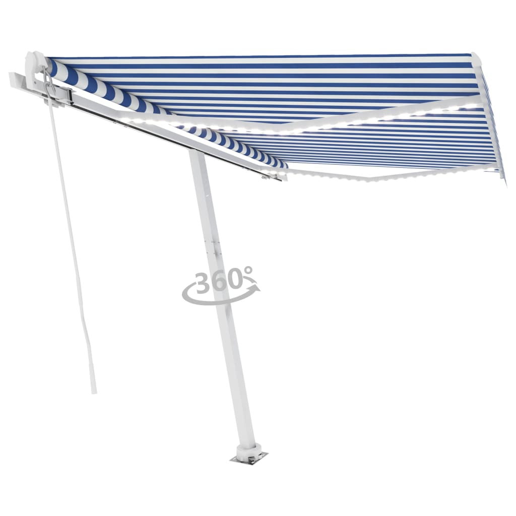 Manuell uttrekkbar markise med LED 300x250 cm blå og hvit