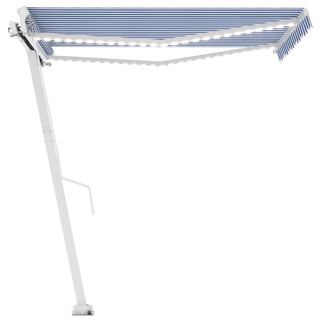 Manuell uttrekkbar markise med LED 300x250 cm blå og hvit