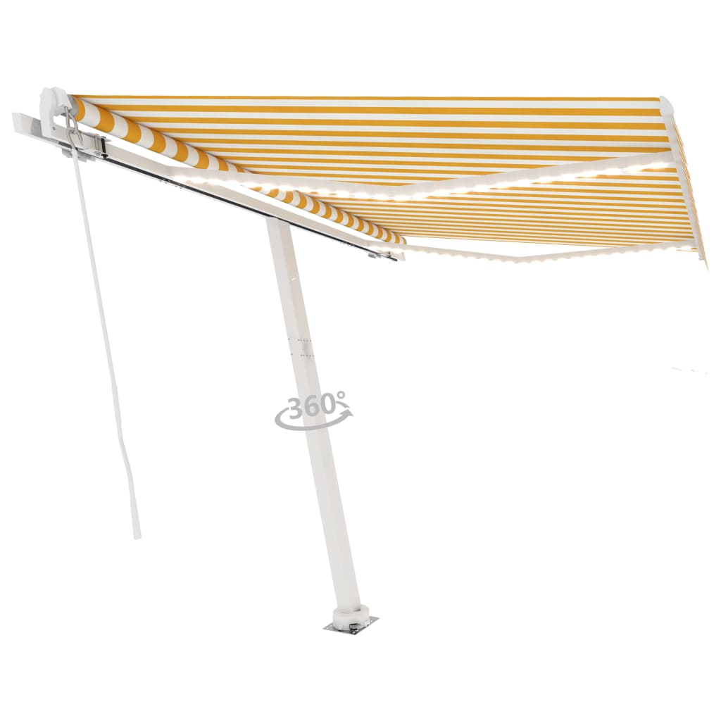 Manuell uttrekkbar markise med LED 300x250 cm gul og hvit