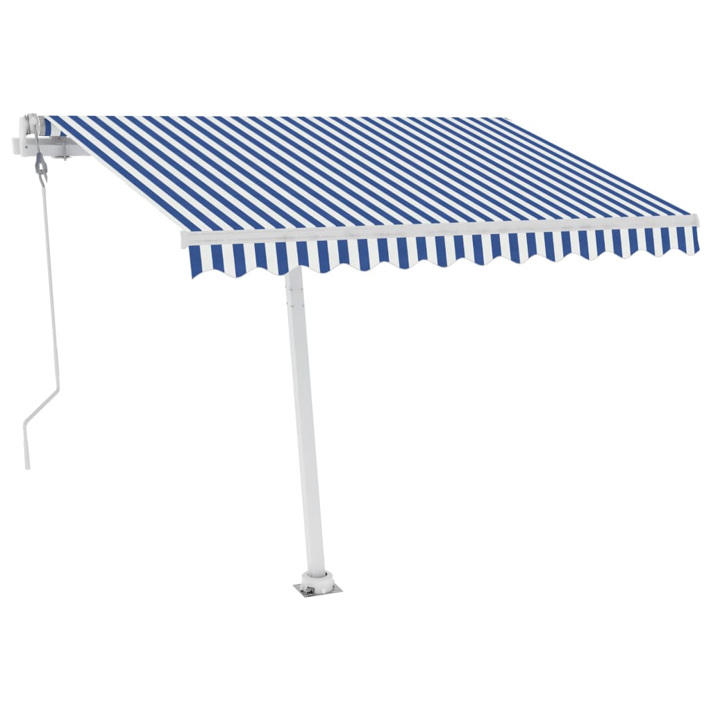 Frittstående automatisk markise 300x250 cm blå og hvit