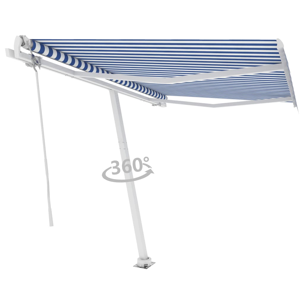 Frittstående automatisk markise 300x250 cm blå og hvit