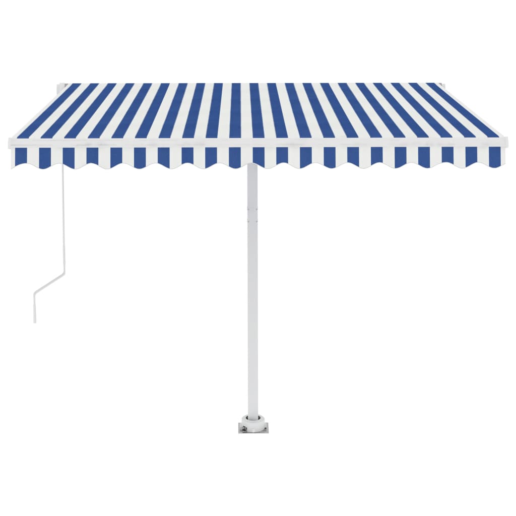 Frittstående automatisk markise 300x250 cm blå og hvit
